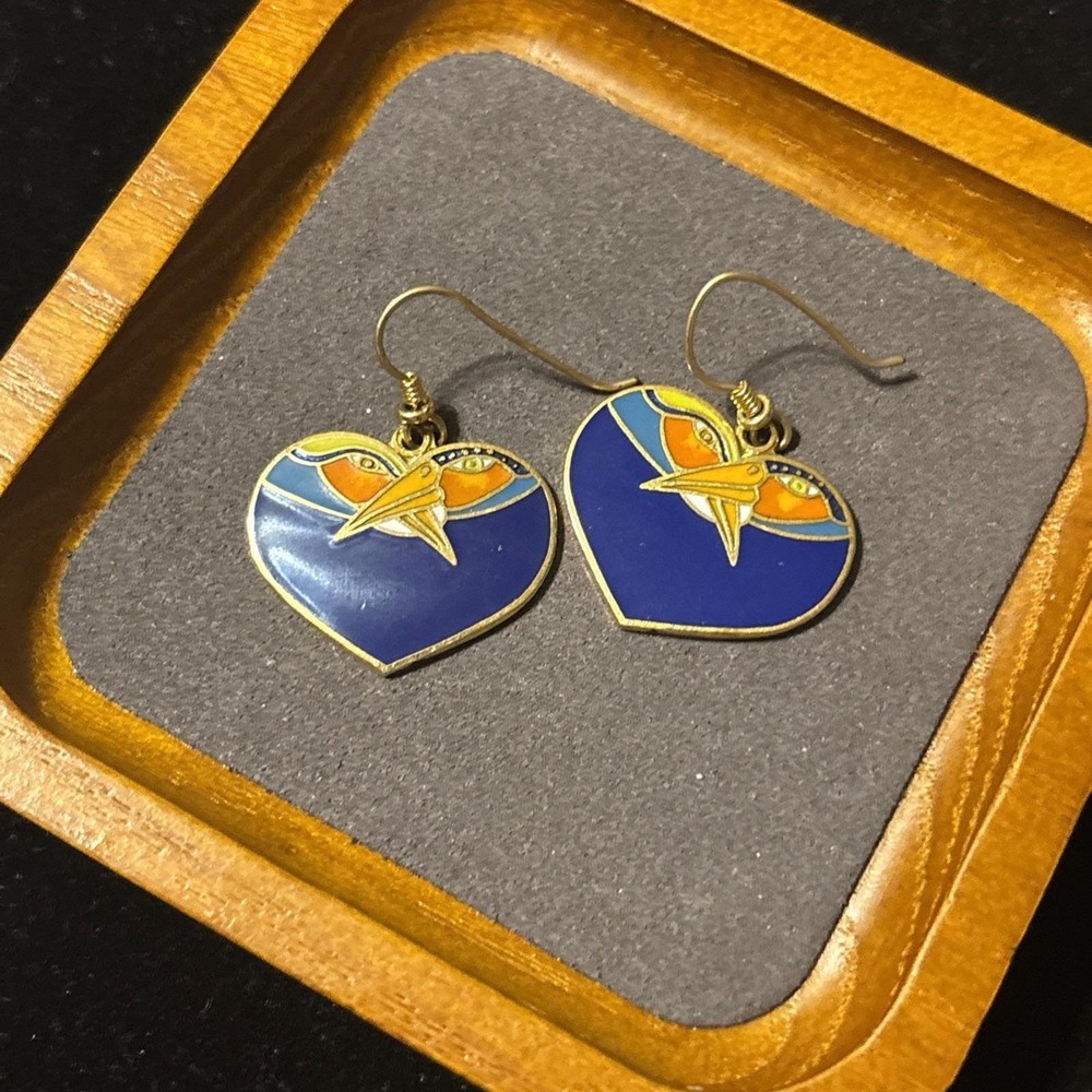 Blue "Bird Heart" Cloisonné Laurel Burch Bird Earrings Enameled Bird Vintage